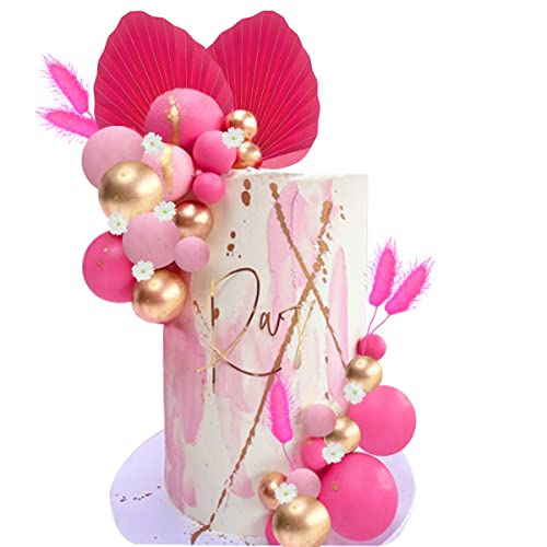 Flower Cake Topper Gold Palm Leaves Balls Cake Decoration For Baby Shower Birthday Party (Hot Pink) #TOP19