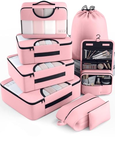 Image of Veken 8 Set Packing Cubes for Travel Essentials, Pink Suitcase Organizer Bags in 4 Sizes, Carry-On Luggage Accessories with Large Laundry & Hanging Toiletry Bag, Must-Have for Airplane, Road Trip