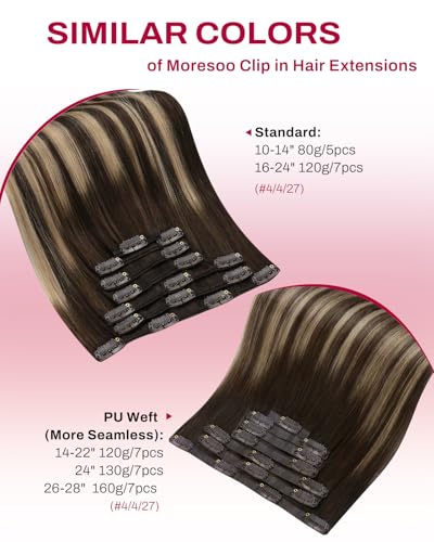 Image of Moresoo Seamless Clip in Human Hair Extensions, Ombre Brown, for Daily Wear | Clip in hair extensions remy hair, balayage medium brown to warm caramel, 22inch 120g 7pcs, for weddings and photoshoots