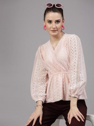 Image of Style Quotient Women Peach Lace Casual Top