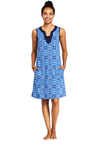 Lands' End Womens Cotton Jersey Sleeveless Cover-up Dress Colorblock Deep Sea/Galaxy Blue Mosaic