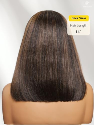 Image of Sunber Caramel Highlight Yaki Straight Bob Drawstring Wig Human Hair Side Part No Slip Glueless 7x5 Bye Bye Knots Wig Pre Cut Lace /Plucked /Bleached Knots Ready to Go Ombre Bob Wig 150 Density 12inch