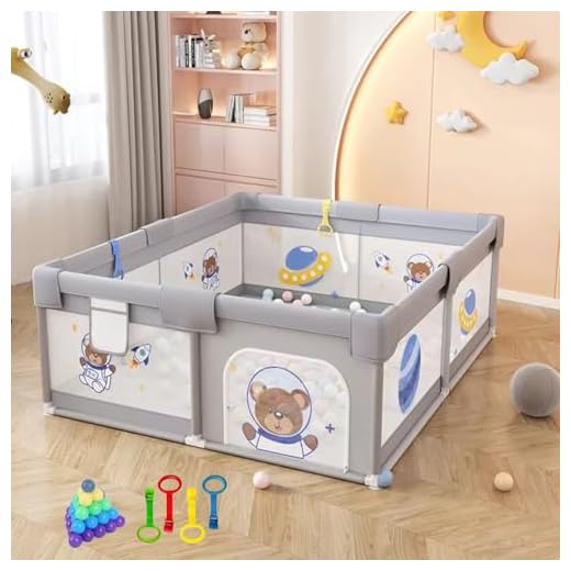 MONSTECH Large Baby Playpen 150x180 cm – Playpen for Baby up to 5 Years with Anti-Fall Rings, Grey Color, Playful Prints, Safety Lock, Breathable Mesh, Kids Activity Center – Play Pen (No Mat)