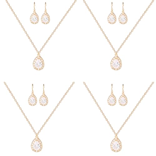 URMPTJ Gold Bridesmaid Jewelry Gifts Set of 4 for Wedding, Pear Cubic Zirconia Gemstone Necklace Earrings Gifts Set Bridesmaid on Wedding Day