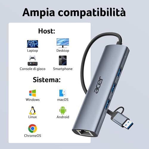Adattatore USB C a Ethernet, hub USB C con 3 porte USB-A 3.0 e porte LAN RJ45 1 Gbps, dissipatore di calore in alluminio, adattatore da USB a rete per laptop, MacBook Pro, iPad, XPS e altro - Hub USB - Immagine 7