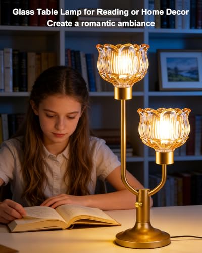Image of Lightdot Mid Century Modern Table Lamp Dimmable Vintage Gold Glass Lamp | Nightstand Lamp Amber Glass Desk Lamp Bulbs Included Warmwhite Ambient Bedside Lamps for Bedroom Living Room Home Decor Gift
