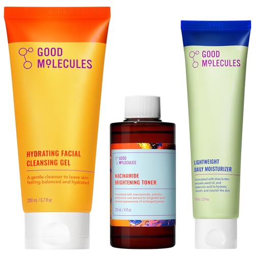 Good Molecules Cleanse, Tone & Moisturize Skincare Set – Hydrating Facial Cleansing Gel (200ml), Niacinamide Brightening Toner (120ml) & Lightweight Daily Moisturizer (100ml)