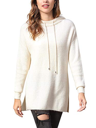Woolen Bloom Damen Lange Stricken Hoodie Sweatshirt Langarm Solide Farbe Lose Fit Kapuzenpullover Seite Split Sportliche Lässige Pullover Strickpullover, Weiß, Medium Cover