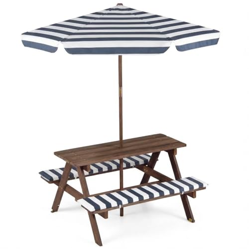 GOPLUS Conjunto de Mesa de Picnic para Niños con 2 Bancos, Juego de Mesa y Sillas para Niños de Madera con Sombrilla Plegable y Ajustable, Cojines Desmotables para Interiores y Exteriores