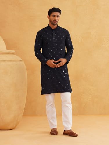 Image of SOJANYA (Since 1958 Men's Cotton Embroidered Sequinned Kurta with white Churidaar Pyjama
