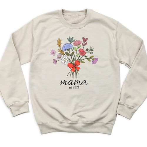 Personalized Mama Sweatshirt, Flower Bouquet Theme Mom Sweatshirt, Customizable Year of Motherhood, Long Sleeve Pullover Sweater, Gift for Mother's Day Gift for Moms