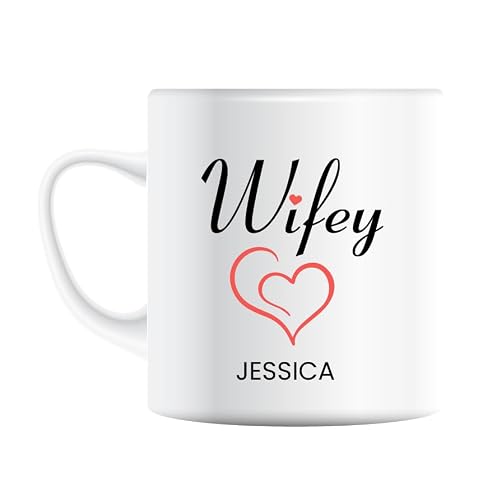 Image of Husband Wife Wedding Mugs, Hubby & Wifey, Ceramic, Set of 2, Mr Mrs His Hers, Love Heart Joke (Wifey)