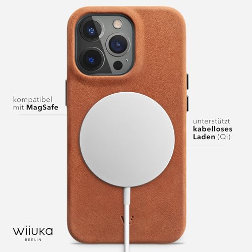 WIIUKA Etui kompatybilne z iPhone 14 Pro, skórzane etui z Niemiec, bardzo cienkie, wysokiej jakości etui na telefon komórkowy, Qi, vintage koniakowy brąz
