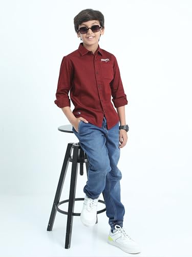 Image of Red Nine Rocket Science Boys' Solid Satin-Finish Poly Cotton Shirt | Single Pocket, Spread Collar, Long Sleeve, Casual