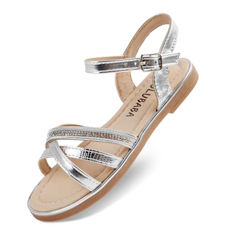 Wulubaba Girls Dress Summer Sandals for Girls Open Toe Flat Sandals with Ankle Strap Flower Girl Wedding Party Little Kid Silver 1