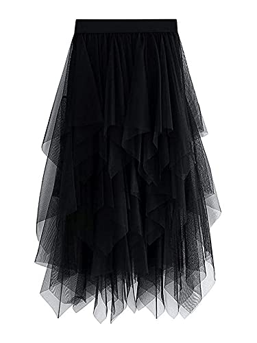 YILEEGOO Women's Tulle Skirt High Waist Tiered Layered Mesh Ballet Prom Party Tulle Tutu A-line Midi Skirt (Black, ONE Size)
