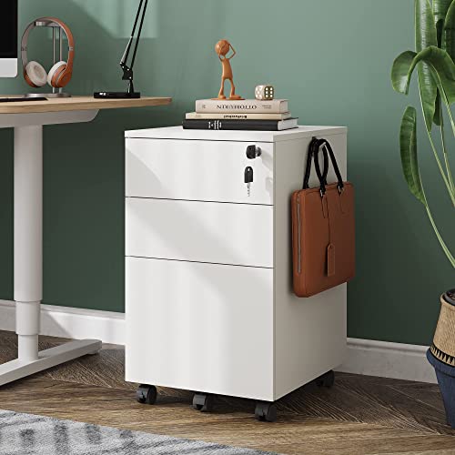 Devaise 3 Drawer Rolling File Cabinet With Lock, Wood Under Desk Filing Cabinet Fits Letter/Legal/A4 Size For Home Office, White #TOP1