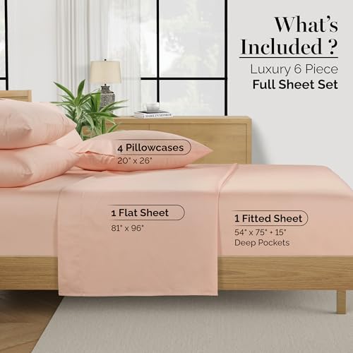 Casa Platino 100% Egyptian Cotton Sheets Full Size Set - 6 Pcs (1 Flat, 1 Fitted, 4 Pillowcases)- Ultra Smooth Sateen Weave Bed Sheets Set with 15" Deep Pockets - Veiled Rose