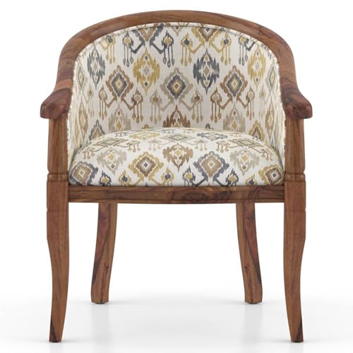 Image of Sheesham Wood Barrel Accent Chair with Floral Fabric Upholstery Teak Finish Handcrafted Wooden Lounge Chair with Backrest (Mustard Mist Ikat)