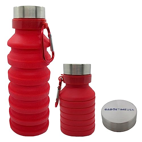 Gadgetime USA Collapsible Water Bottle (Red) Reusable, BPA Free, Silicone, Foldable Portable & Leak Proof - Water Bottles for Travel Gym Camping Hiking - Sports Water Bottle with Carabiner