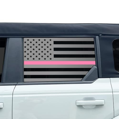 Image of BOGAR TECH DESIGNS Precut Rear Side Window American Flag Vinyl Decal Sticker Compatible with Ford Bronco 2021-2026, Thin Pink Line