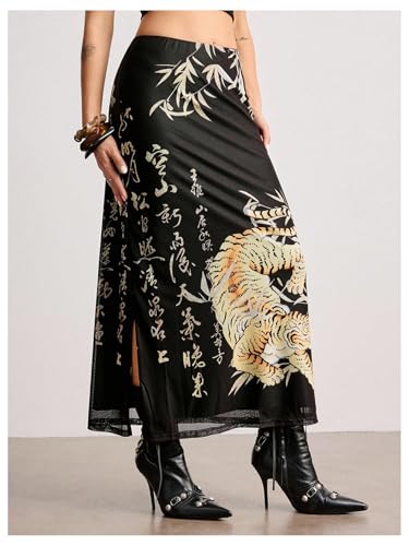 Floerns Women's Tiger Long Skirts Letter Print High Split Street Maxi Skirts2