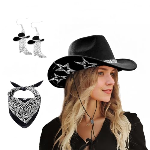 Image of SHENYI Cowgirl Hat and Bandana and Heart Sunglasses Glitter Rhinestone Star Cowboy Hat Western Sparkly Hats for Women Men