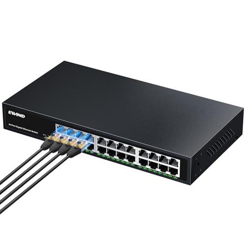 EWIND 2025 Upgraded 24 Port Gigabit Ethernet Switch with LED&Loop Prevention, Lifetime Protection, Plug & Play Unmanaged Network Switch, Fanless Quiet, Desktop/Wall Mount Metal Ethernet Splitter