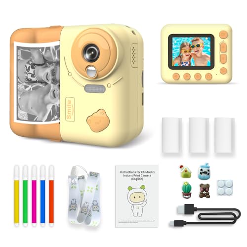 Camnoon Kids Instant Print Camera 1080P Digital Camera for Kids 2.4 Inch IPS Screen 10X Zoom with Thermal Printing Paper Color Pens Neck Strap 32GB TF Card Birthday Festival Gift for Children