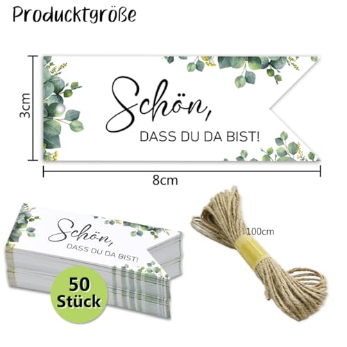 50x Geschenkanhänger Schön dass Du Da Bist Anhänger Hochzeit Geburtstag Weihnachten JGA Taufe Gastgeschenke Kommunion Konfirmation Eukalyptus Etiketten Tags Label mit 10M Juteschnur