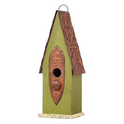 Glitzhome 13.25''H Hanging Birdhouse Retro Green Distressed Solid Wood Bird House for Outdoor