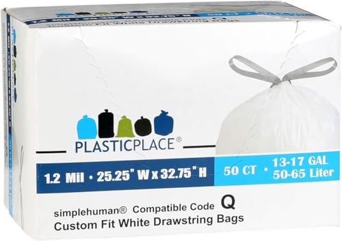 Image of Plasticplace Custom Fit Trash Bags, Compatible with Simplehuman Code Q (50 Count), 13-17 Gallon Drawstring Garbage Liners, Heavy Duty Tear-Resistant (Pack of 3)