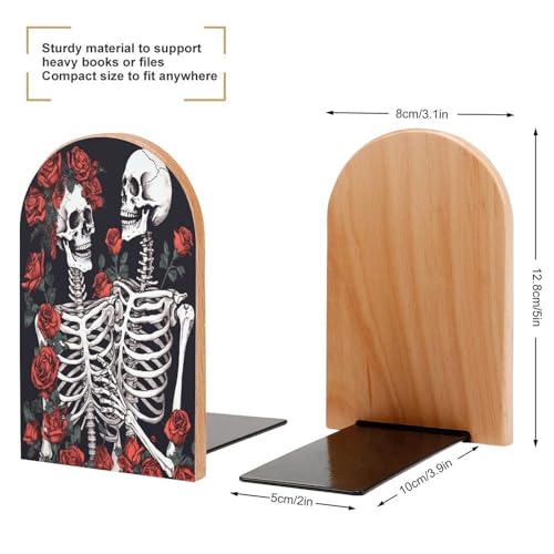 Sujetalibros de madera con rosa y esqueleto antideslizante para estantes de casa 3