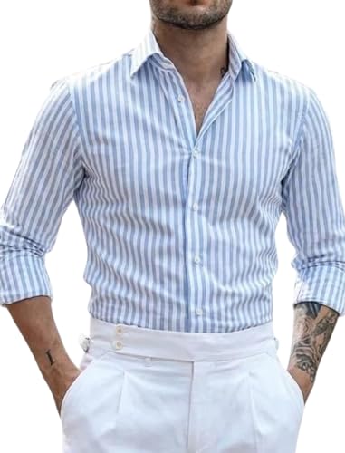 Image of IndoPrimo Men's Striped Shirt | Premium Slim Fit Full Sleeve Formal Casual Shirt | Button-Down Cotton Shirt for Office