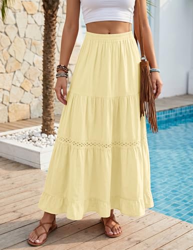Zelroxa Womens Long Maxi Cotton Summer Boho Tiered A Line Skirts Yellow - image 2