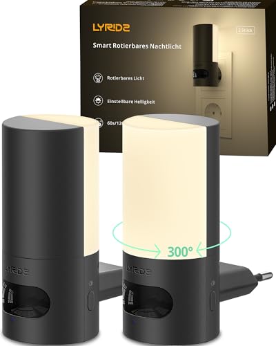 Lyridz Nachtlicht mit Bewegungsmelder - 300° Drehbar Nachtlicht Steckdose - 2 Stück Steckdosenlicht Dimmbar Warmweißes, Hinterleuchtetes, Front und Seitenglühen für Flur, Treppe, Schlafzimmer, Küche
