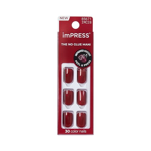 Image of Kiss Impress No Glue Mani Press On Nails Kit, Red Velvet, 30 Red Peel and Stick Nails, Super Slim Short Squoval, Glossy Gel Finish, PureFit Technology, Includes Prep Pad, Manicure Stick & Mini File
