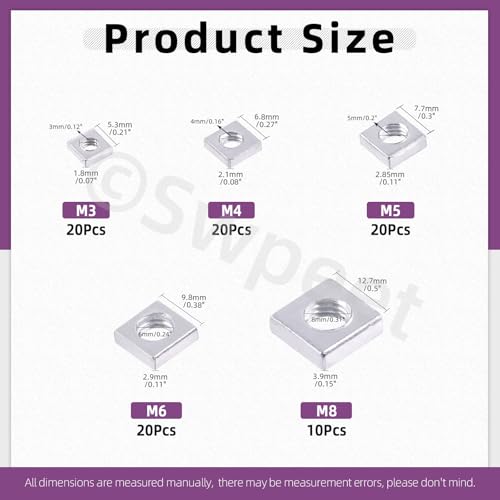 Swpeet 90Pcs 5 Größen M3 M4 M5 M6 M8 Weiß Zink Metric Grob Gewinde Vierkantmuttern Assortiment Kit, Maschinenschraubenmutter Metric Grob Gewinde für Home Automotive Shop Gebrauch