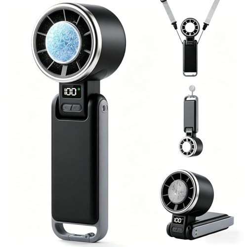 Image of Portable Handheld Turbo Fan with Ice Cooling, 4000mAh Rechargeable, 8m /s High Speed Turbo Fan, 3-in-1 Hand /Neck /Desk Fan with Carabiner for Travel, Outdoor, Beach & Office