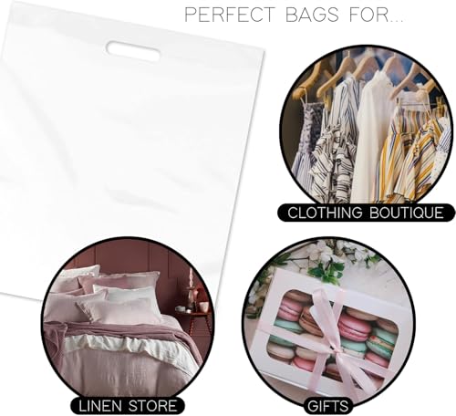 Purple Q Crafts Large Plastic Bag with Die Cut Handle Bag 18"x18" White Plastic Merchandise Bags 50 Pack for Retail, Gifts, Trade Show and More