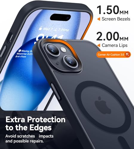 Image of Elzzi Magnetic Cover for iPhone 15 Case [MIL-Grade Drop Tested & Compatible with MagSafe] Translucent Matte TPU + Hard PC Back Cover, Anti-Scratch Shockproof Phone Case (6.1 Inch, Black)