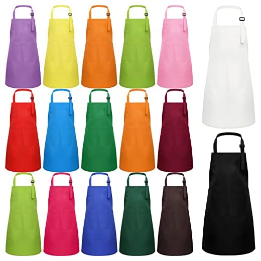 Janmercy 20 Pcs Kids Aprons Set, Children Chef Aprons, Kids Adjustable Aprons for Boys Girls Cooking Baking, L for 7-13 Age (Multicolor)
