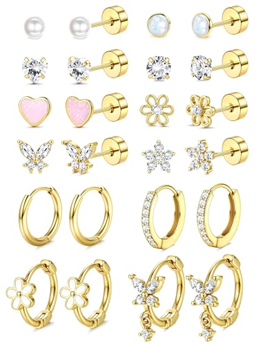 LOLIAS Hypoallergenic Flat Back Earrings for Women Girls-Cute Toddler Kids Teen Girls Earring Set-Surgical Steel Earrings for Sensitive Ears-14K Gold Plated Stainless Steel Flatback Studs Screw Back Small Hoop Cartilage Earring Stacks 14K Gold Plated Age Over 4 Years Old