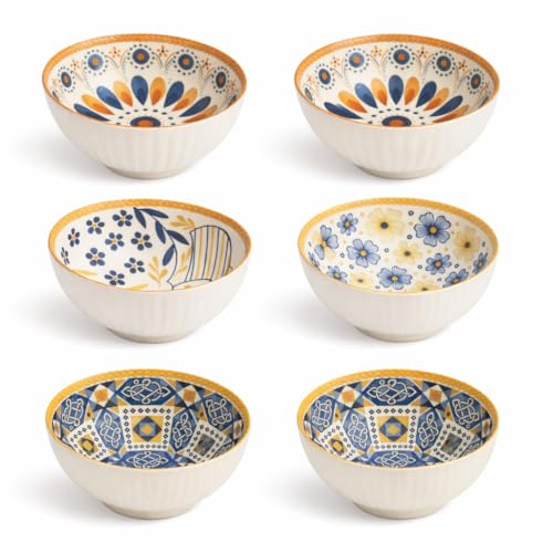 Image of Bohemian Porcelain Bowls Set of 6 | 300 ML Microwave & Dishwasher Safe | Designer Soup, Cereal & Snack Bowls for Everyday Use