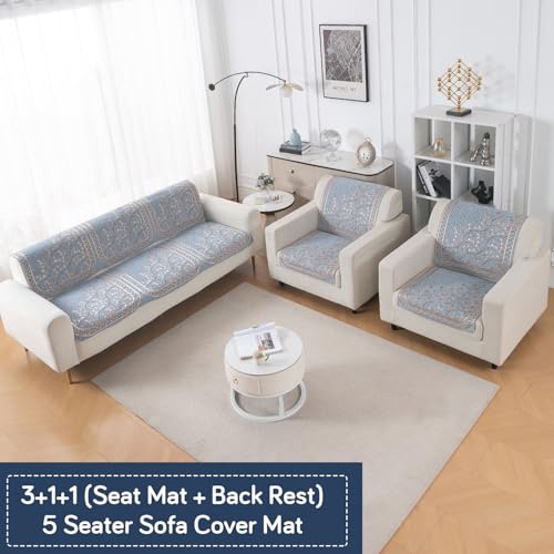 Image of HOKIPO Neel Baari Premium Chenille Jacquard Sofa Cover 5 Seater Set - Washable 3+1+1 Sofa Cover for Seat & Back | 'Royal Aangan Series' (IN-1008-L3*2 + IN-1006-L3*4)