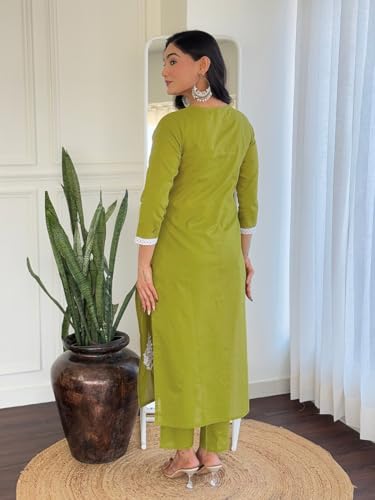 Image of Naixa Women's Cotton Embroidered Straight Kurta with Pant and Dupatta Sets (Available in Plus Size) (NX-574)