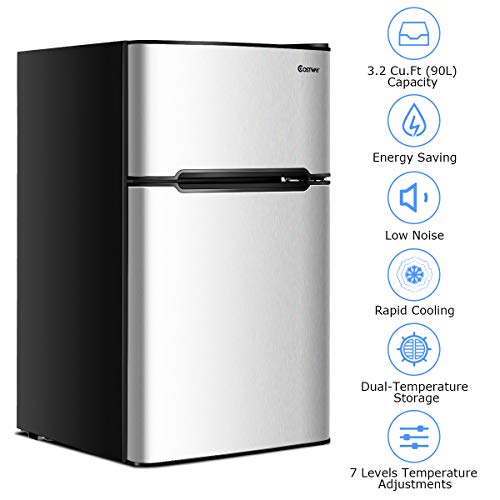 Costway Compact Refrigerator, 3.2 Cu Ft. Unit 2-Door Mini Freezer Cooler Fridge With Reversible Door, Removable Glass Shelves, Mechanical Control, Recessed Handle For Dorm, Office, Apartment (Grey) #TOP4