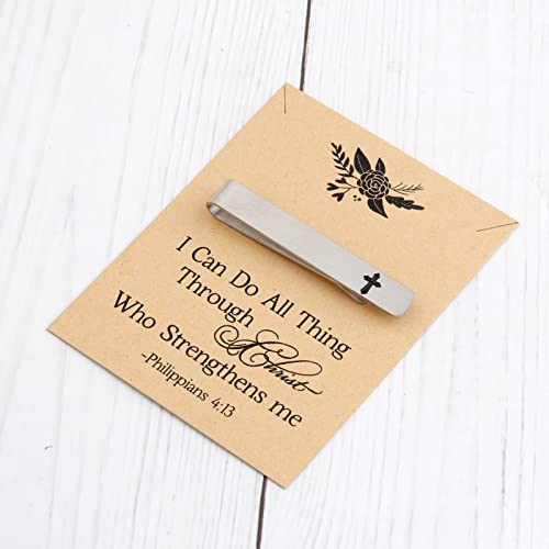 BEKECH Cross Tie Clips for Men Christian Faith Gift Philippians 4:13 First Communion Tie Tacks for Minister Clergy Officiant Groom Father of the Bride Day Tie Clip4