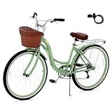 RegalRider 26 inch Beach Cruiser Bike for Women, 7 Speed Commuter Bicycle with Basket & Rear Rack, Low-Step Through Frame, Adjustable Seat and Handlebar, Adult City Cruiser (Green/Blue)