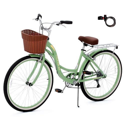 RegalRider 26 inch Beach Cruiser Bike for Women, 7 Speed Commuter Bicycle with Basket & Rear Rack,...